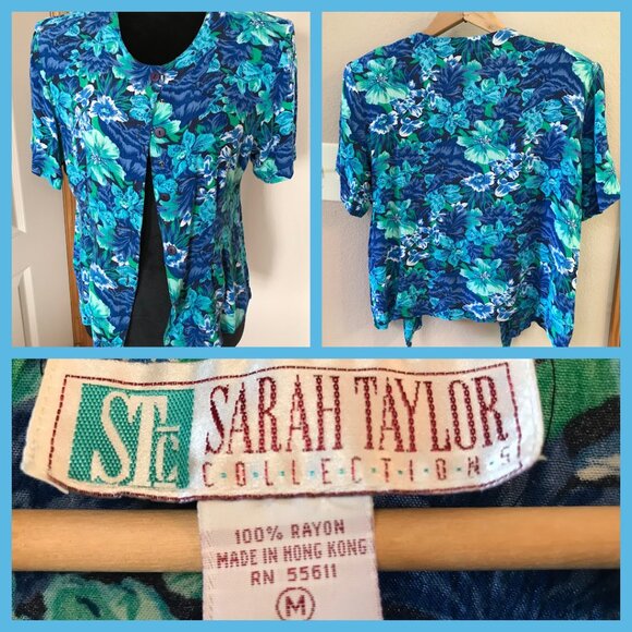 Sarah Taylor Floral Crepe Blouse: Vintage Blue Flowery Rayon Tunic, Size M - Picture 8 of 8